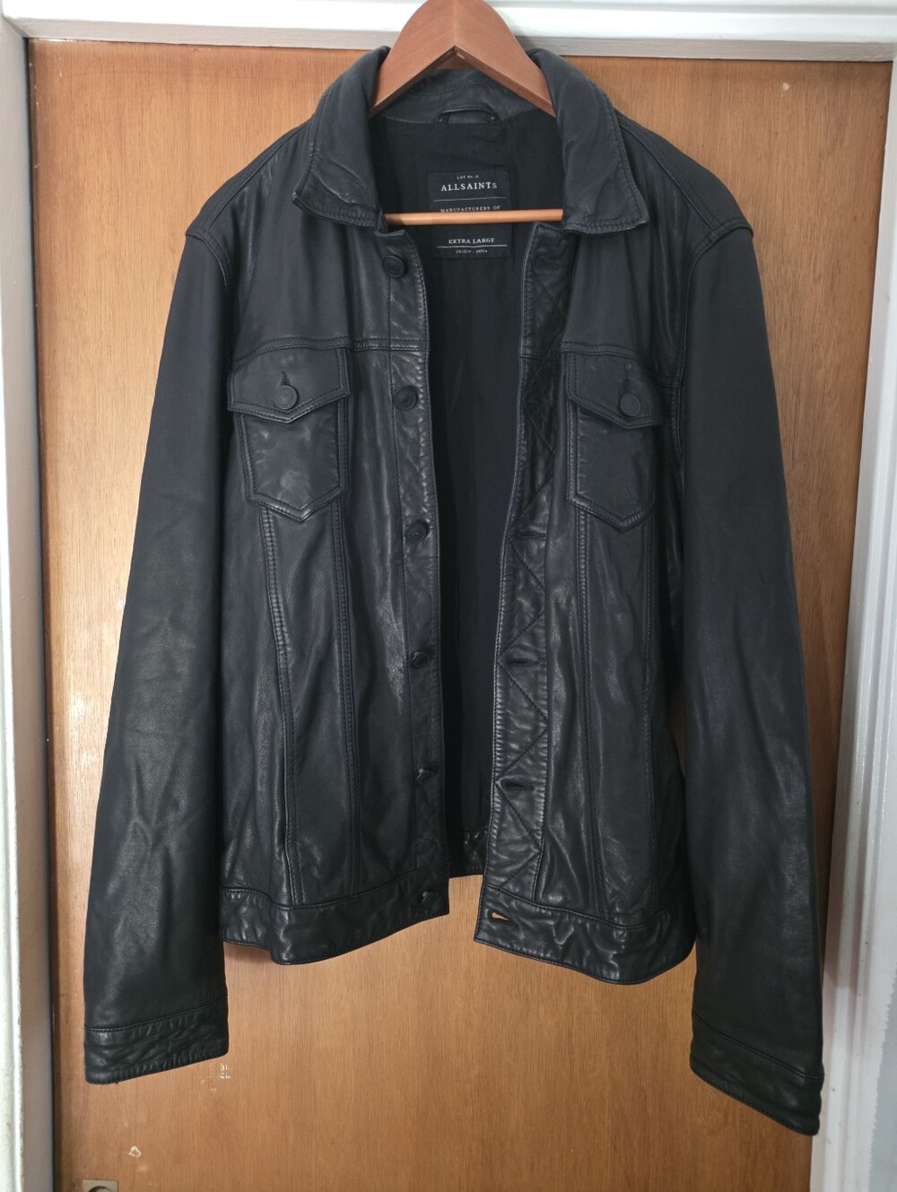 Rare All Saints Black Leather Trucker Jacket XL Large NWOT